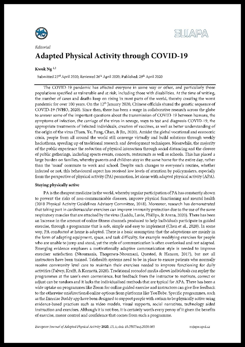 Ng K. 2020. Adapted Physical Activity through COVID-19