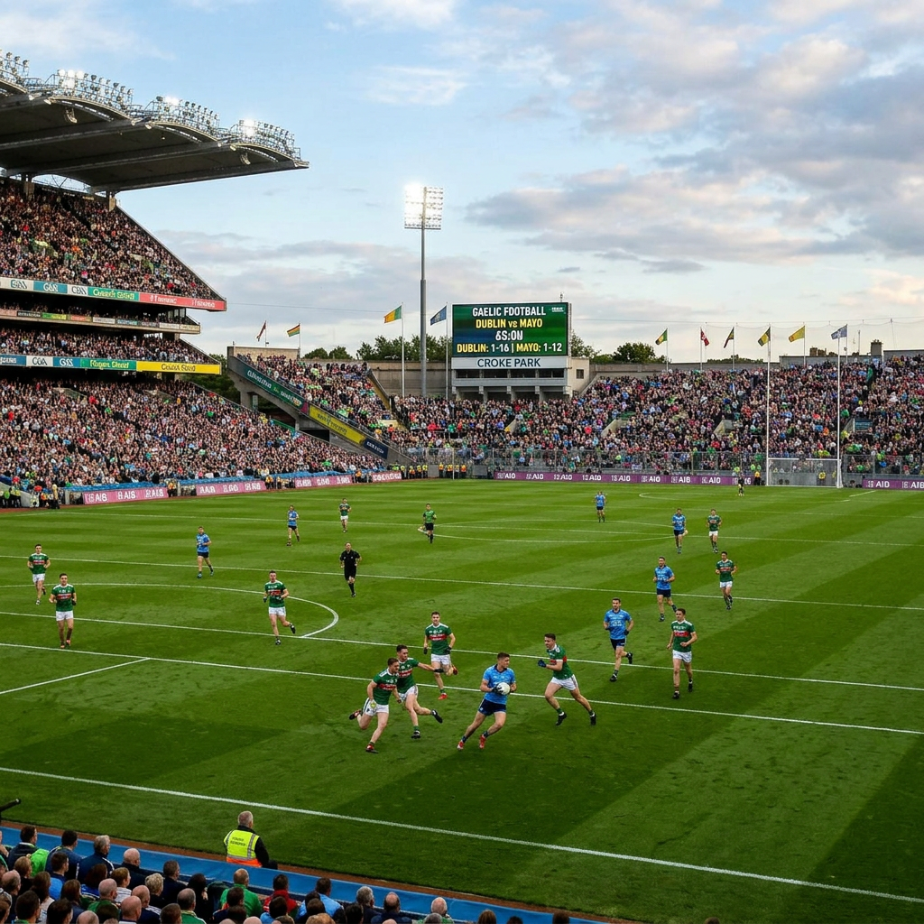 Gaelic football players from Dublin and Mayo competing on a green pitch with a large crowd in stands